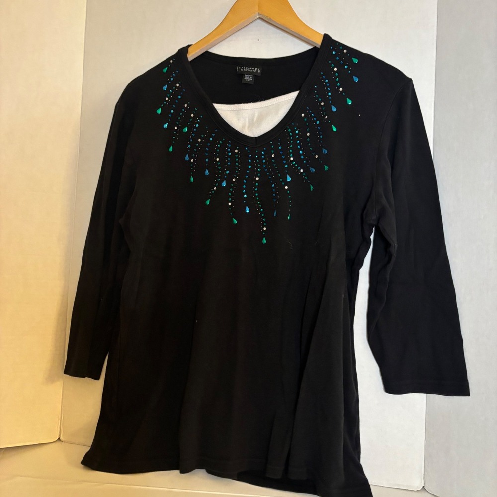 Black Layered Look Top Beaded V-Neck 3/4 Sleeve L Grandmacore Whimsy Goth Casual